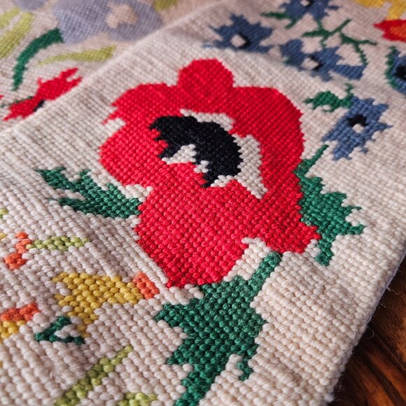 Vintage Scandinavian Hand Embroidered Floral Brass Wall Hanging Bell Pull 68" - Picture 8 of 9